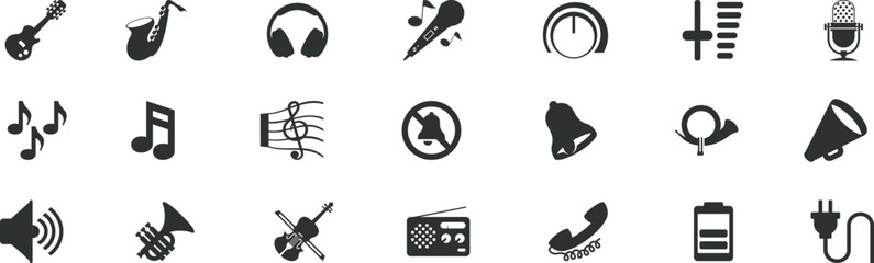 Modern music and audio equipment icon collection featuring guitar saxophone headphones microphone speaker radio and volume controls. Flat black sound symbols set for media technology apps. Minimal