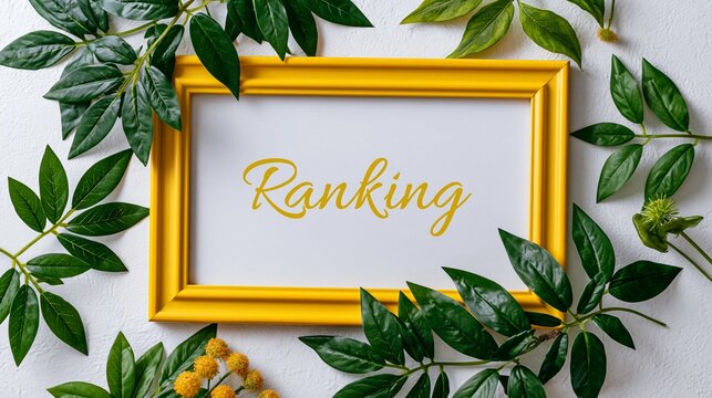 Ranking text in a yellow frame with green leaves