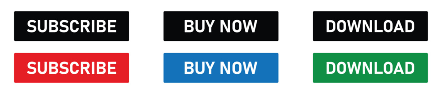 Collection of modern web interface buttons including subscribe buy now and download options in various colours for digital design projects