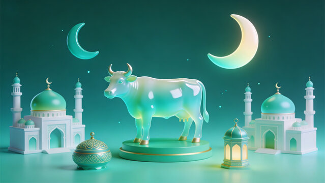 Isometric 3D glass icons for Eid al-Adha with sacrificial cow, mosque, and crescent moon