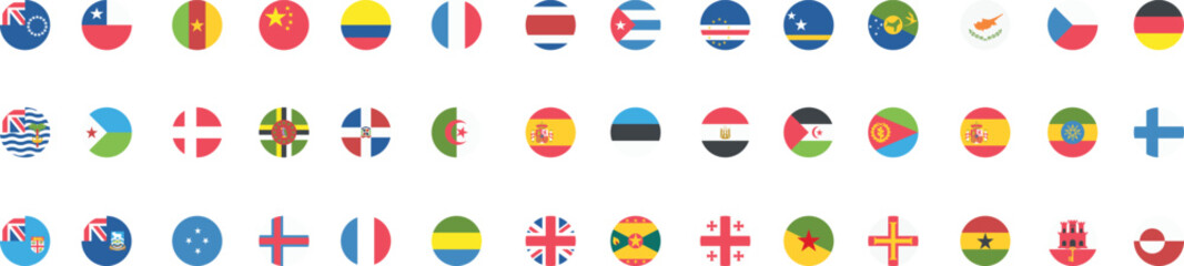 International round flag icon collection featuring global country symbols in modern flat circle style. Colorful national badges for travel apps geography education websites and worldwide communication © Parul