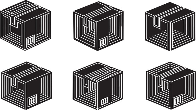 Black and white maze cube illustrations set
