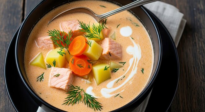 Creamy salmon soup with potatoes, carrots, and fresh dill in a black bowl, top view of a hearty homemade fish chowder.