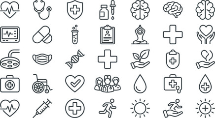 Naklejka premium Medical icons representing healthcare services and wellness concepts are arranged in a clean grid layout.