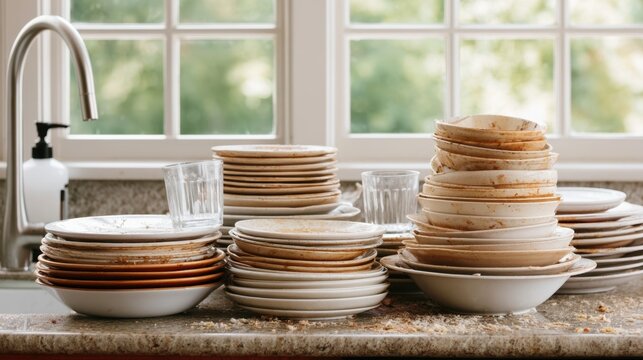 Large stack of dirty ceramic plates with food residue and glass cups on kitchen countertop near sink and window in daylight