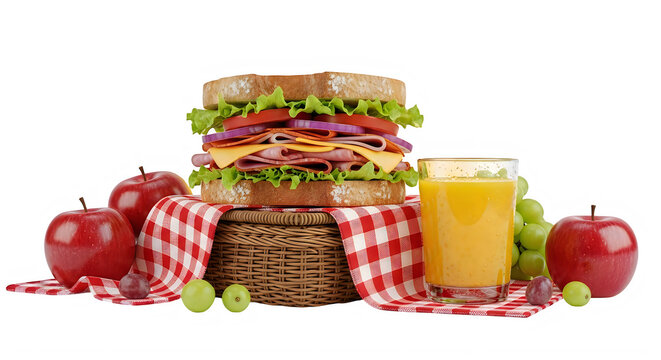 Picnic lunch with ham and cheese sandwich red as transparent cutout