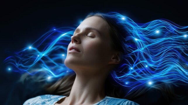 Young woman with closed eyes experiencing flowing energy and digital light waves around head symbolizing imagination, mind power, meditation, and futuristic technology concept