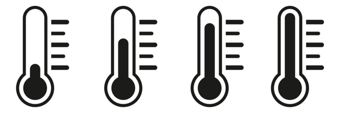 Minimal black and white thermometer icons showing different temperature levels for weather health or climate