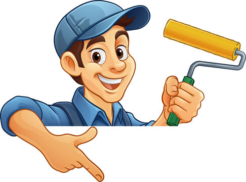 A painter decorator handyman cartoon mascot man holding a paint roller, peeking around a sign and pointing at it