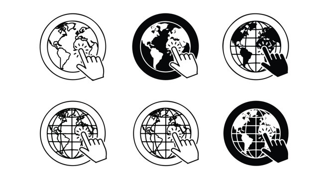 World globe icons with cursor interaction - Clipart, sticker - icon set - Line and glyph solid icon and logo template 