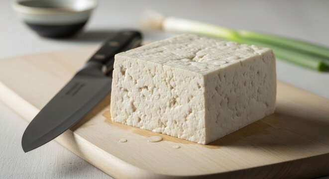 Fresh block of firm tofu on a wooden cutting board, kitchen knife and green onions in the background.