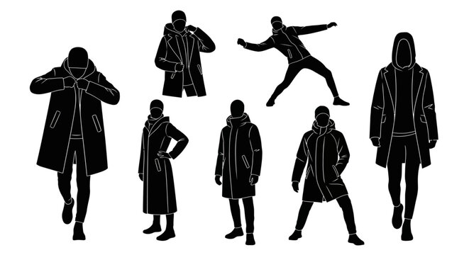 Set of human silhouettes in winter parkas, diverse poses for fashion