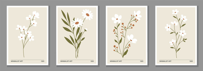 Naklejka premium Naive Art Minimalist Botanical Flower Illustrations in Neutral Mid Century Style