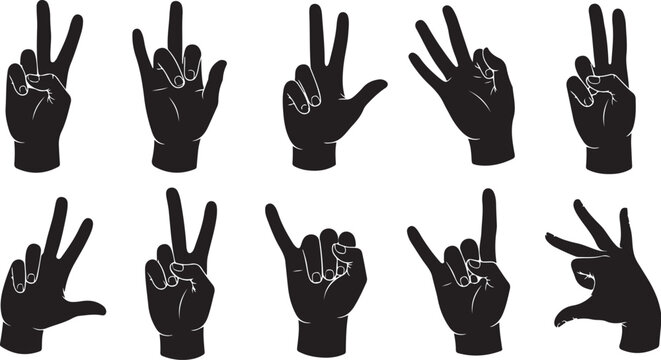 Hand Gestures Silhouettes in Various Finger Positions Displayed