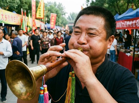 Man playing traditional suona instrument in crowded outdoor market