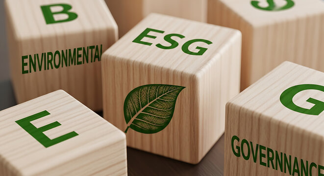 ESG wooden blocks stacked with environmental governance letters on surface