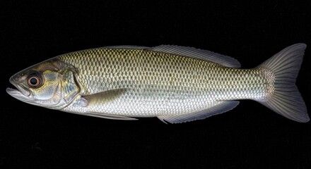 Fototapeta premium Fresh silver fish with detailed scales isolated on a black background, studio shot of a raw whole fish.