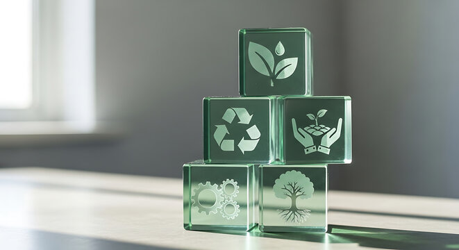 A pyramid of green blocks with eco-friendly symbols sits on a table indoors.