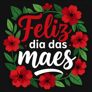 Feliz dia das maes greeting card with red flowers and green leaves on black background