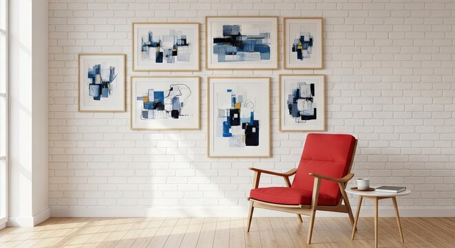 Gallery wall with set of six framed abstract art prints in blue and gold on white brick wall, modern red armchair in bright living room.