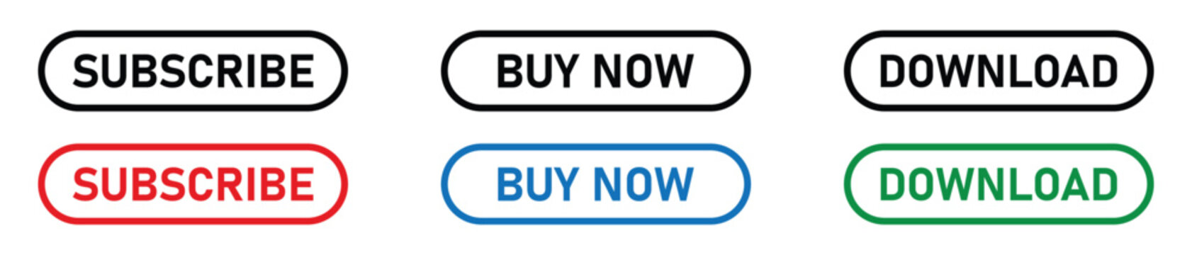 Modern colourful call to action web buttons featuring subscribe buy now and download text for digital interface design