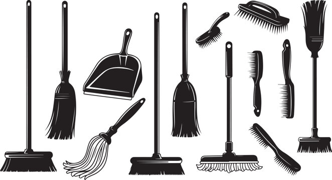 Collection of various cleaning brooms and tools