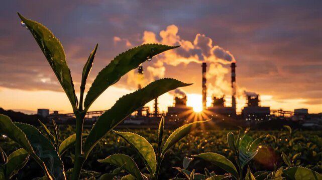 Dewy tea leaves in foreground with sunlit factory emitting smoke at sunset
