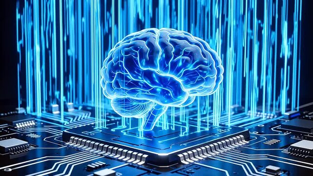 Blue glowing brain on circuit board