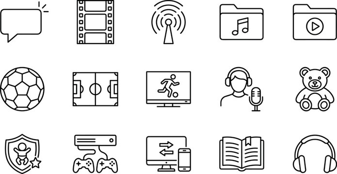 Modern Minimalist Line Icon Set Featuring Multimedia Entertainment Sports Education and General Lifestyle Symbols