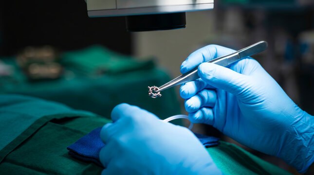Surgeon hands holding medical device with tweezers under microscope