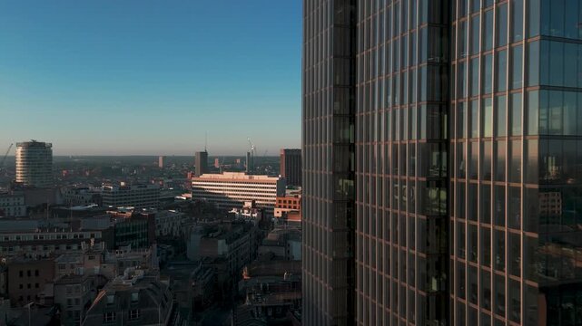 Aerial view of 103 Colmore Row skyscraper at sunrise, Birmingham, England