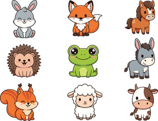 Obraz premium Cute Kawaii Animal Vector Set with Rabbit, Fox, Horse, Hedgehog, Frog, Donkey, Squirrel, Sheep, and Cow for Nursery Decor, Stickers, and Kids Educational Materials