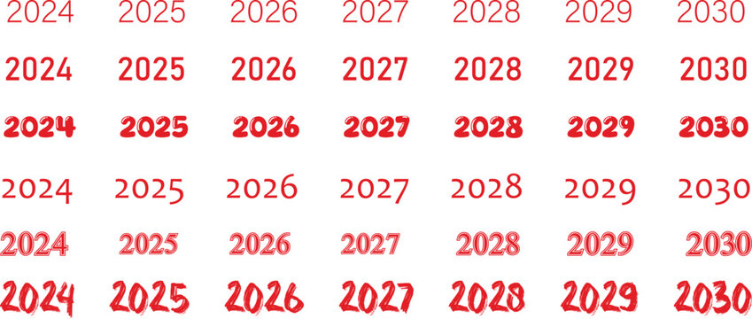 Modern red year number typography collection featuring 2024 to 2030 in multiple creative font styles for calendar branding, holiday celebration graphics, countdown banners and futuristic event design 