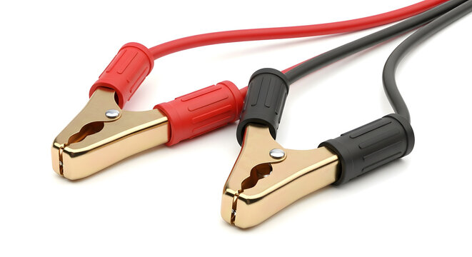 Jumper cables with gold clamps on white background