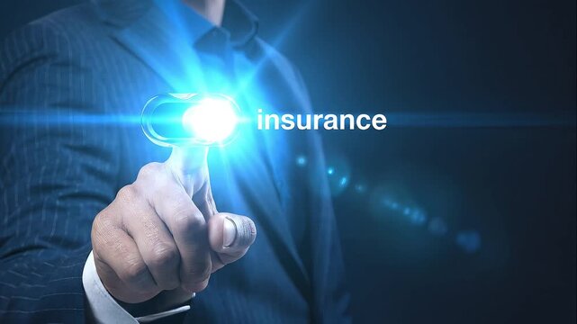 Businessman Pointing Finger At Glowing Blue Toggle Switch Button With Insurance Text On Dark Navy Background As Digital Protection And Finance Concept For Commercial Template Design