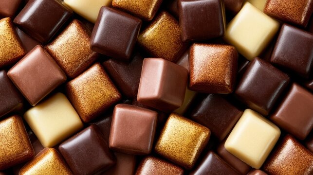 Close-up view of assorted square chocolate pieces in dark, milk, white, and caramel colors arranged in a textured and inviting pattern for dessert and sweet treat concept