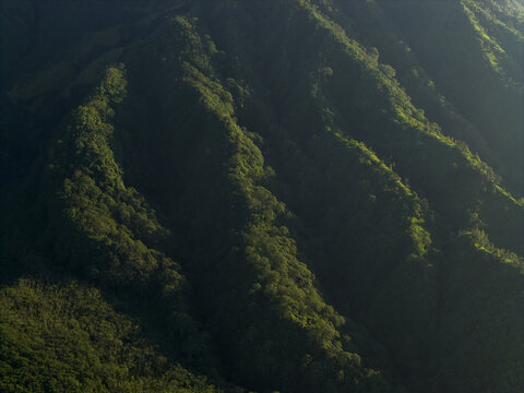 Aerial view of the lush tropical forest and deep volcanic ridges on the slopes of Mount Merapi in Kecamatan Pakem, Daerah Istimewa Yogya, Indonesia.