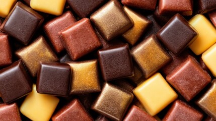 Fototapeta premium Close-up shot of assorted square chocolate pieces with shiny metallic and smooth finishes in various shades of brown, gold, copper, and cream colors filling the frame