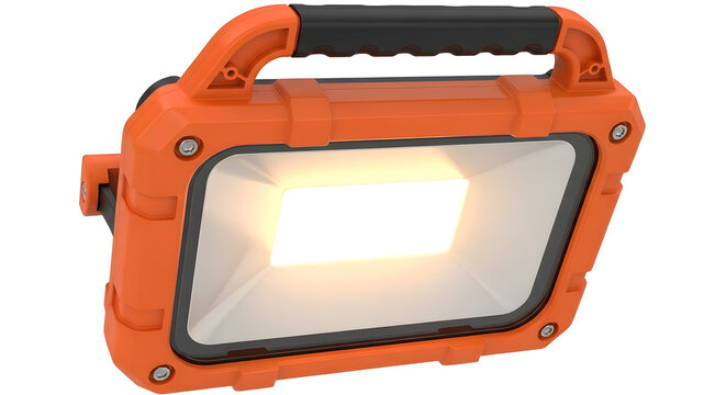 Bright orange portable work light on white background high intensity led floodlight