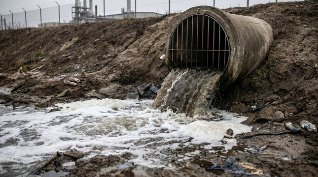 Large diameter pipe discharges murky water onto muddy ground. Dirty liquid flows out creating foam. Drainage system overflow and wastewater discharge industrial pollution