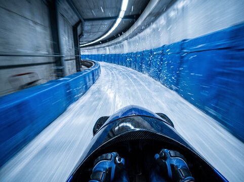 A thrilling first-person view of a bobsled hurtling down an icy track. The track is encased in a tunnel