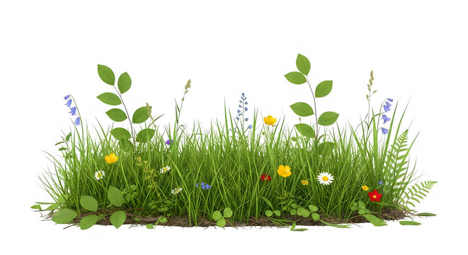 Lush green grass patch with colorful spring as transparent cutout