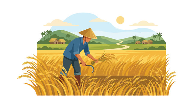 Asian farmer harvesting golden rice in a paddy field with a sickle under the sun 2D vector illustration of traditional agriculture worker in a rural landscape with mountains and village houses