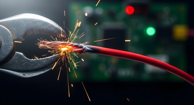 Close up of a wrench cutting through a live red electrical wire sparking