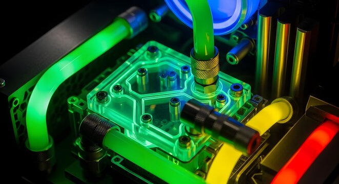 Custom liquid cooling system with colorful tubes and fittings