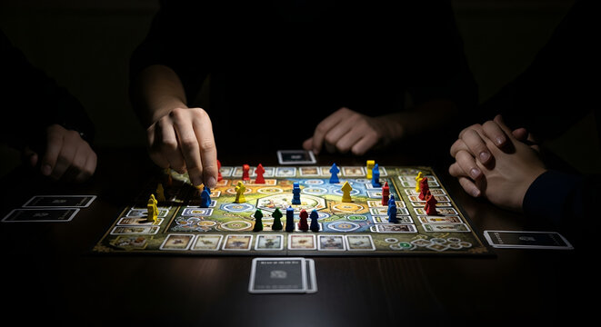 People playing a board game together in the dark