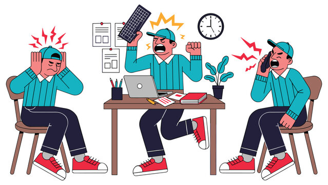 Stressed man at work experiencing burnout and frustration, feeling overwhelmed by tasks.