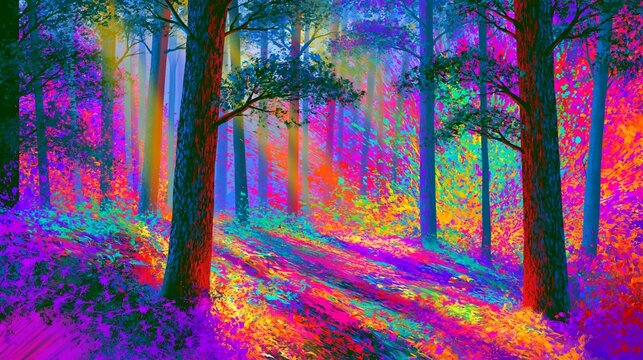 Artistic forest path with rainbow paint splashes