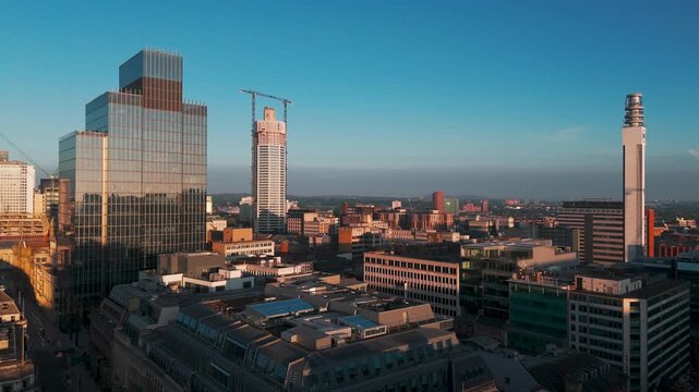 Birmingham City Skyline Aerial at Sunrise, 103 Colmore Row and BT Tower