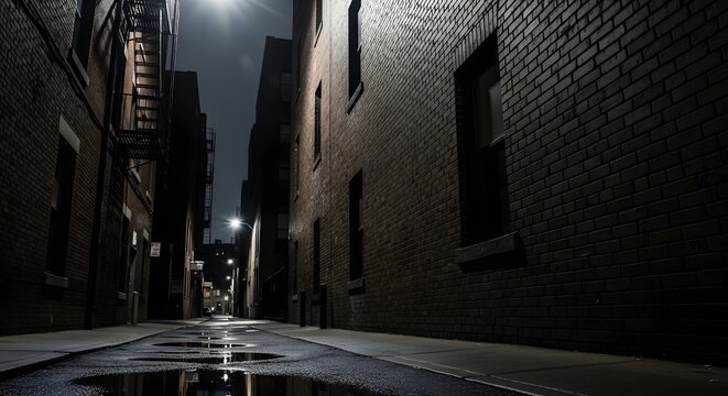 A dark alleyway at night with a puddle reflecting streetlights